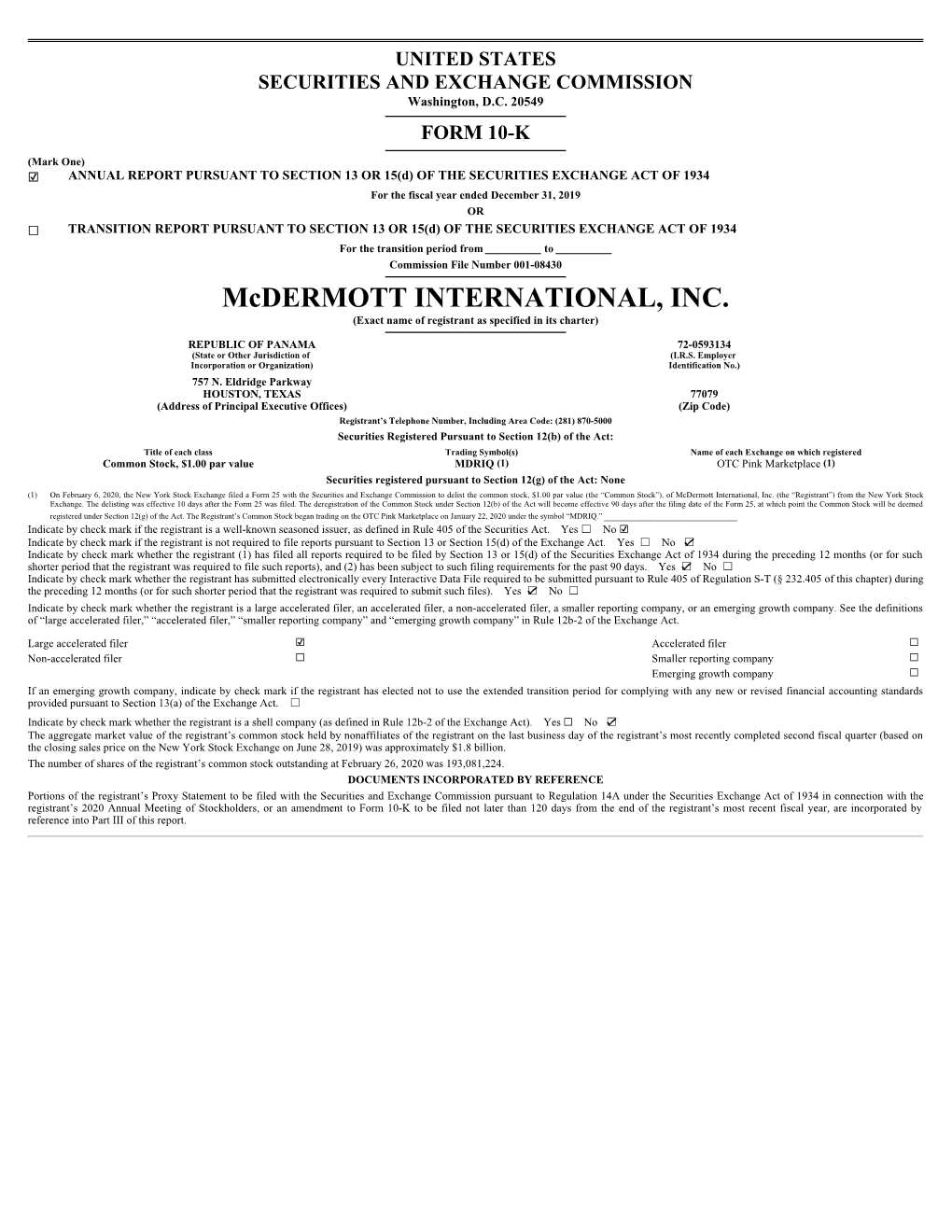 Mcdermott INTERNATIONAL, INC. (Exact Name of Registrant As Specified in Its Charter)