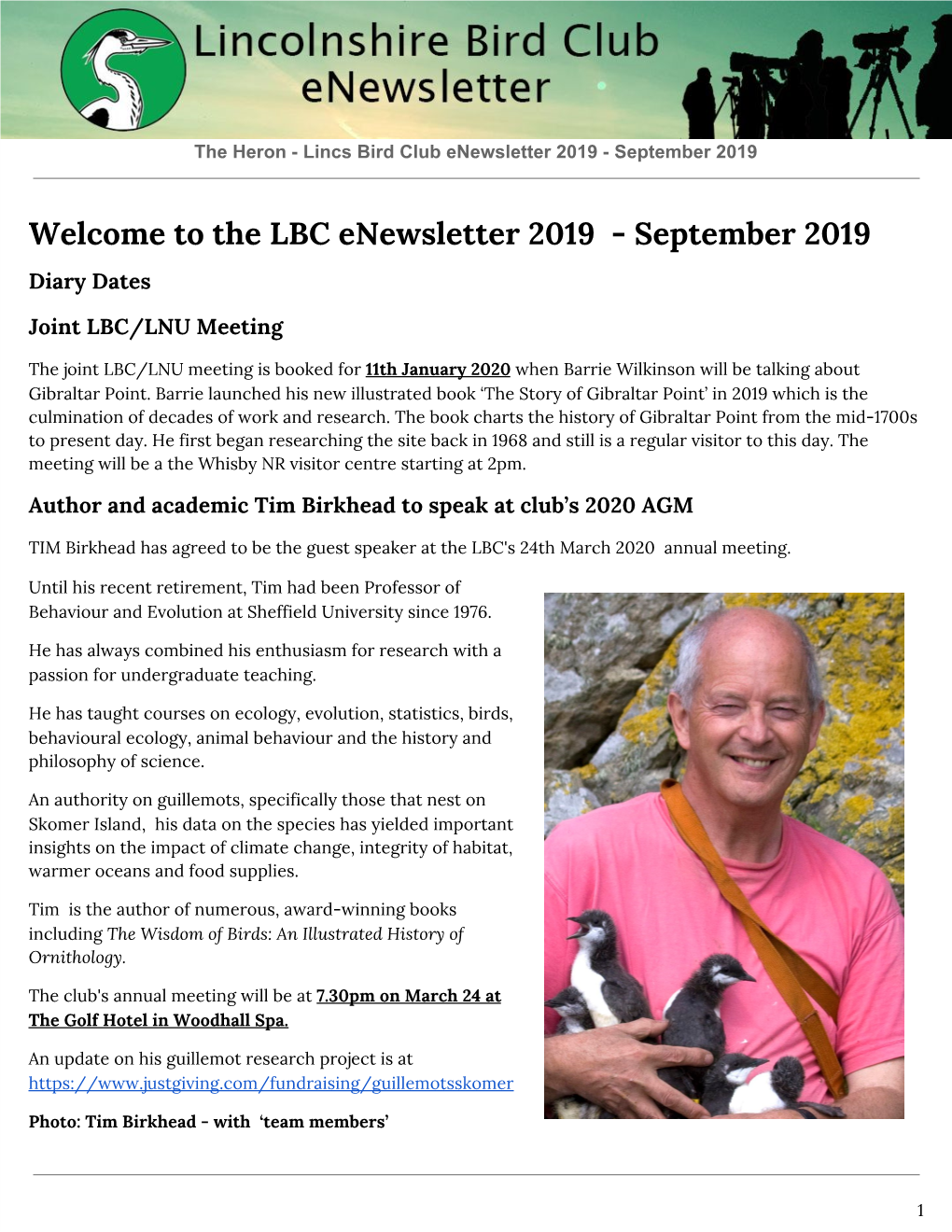 The LBC Enewsletter 2019 - September 2019 Diary Dates