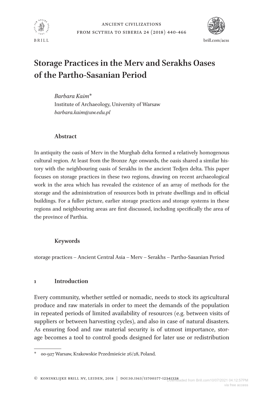 Downloaded from Brill.Com10/07/2021 04:12:57PM Via Free Access Storage Practices in the Merv and Serakhs Oases 441 at Different Levels (Family, Society Or State)