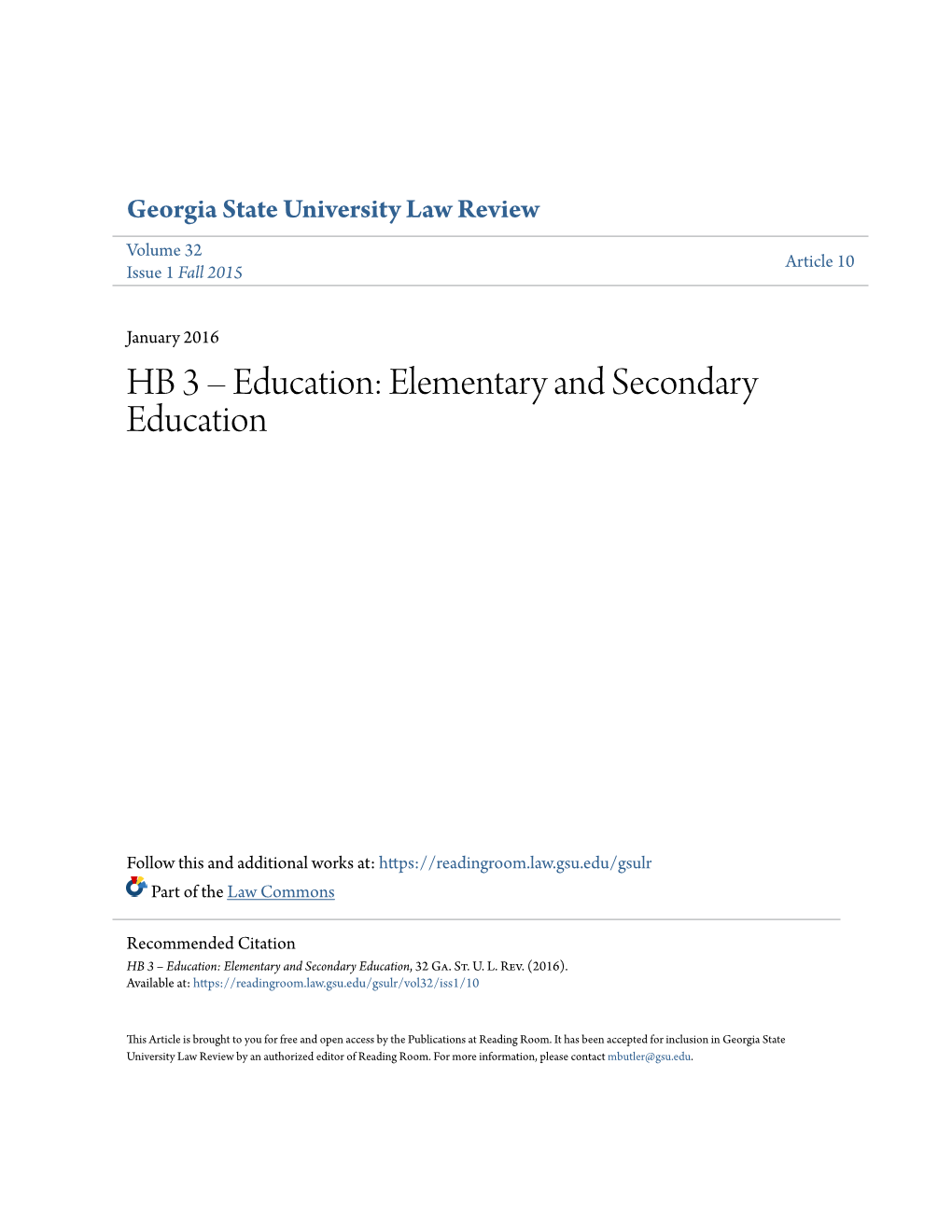 HB 3 – Education: Elementary and Secondary Education