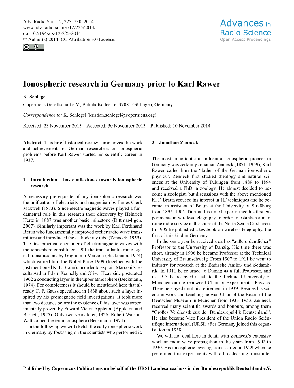 Ionospheric Research in Germany Prior to Karl Rawer