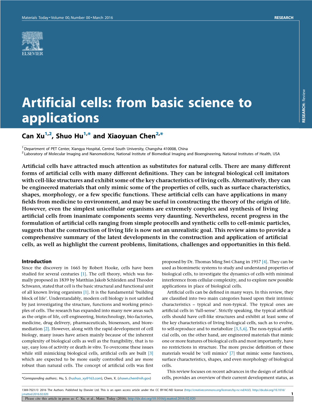 Artificial Cells: from Basic Science to Applications