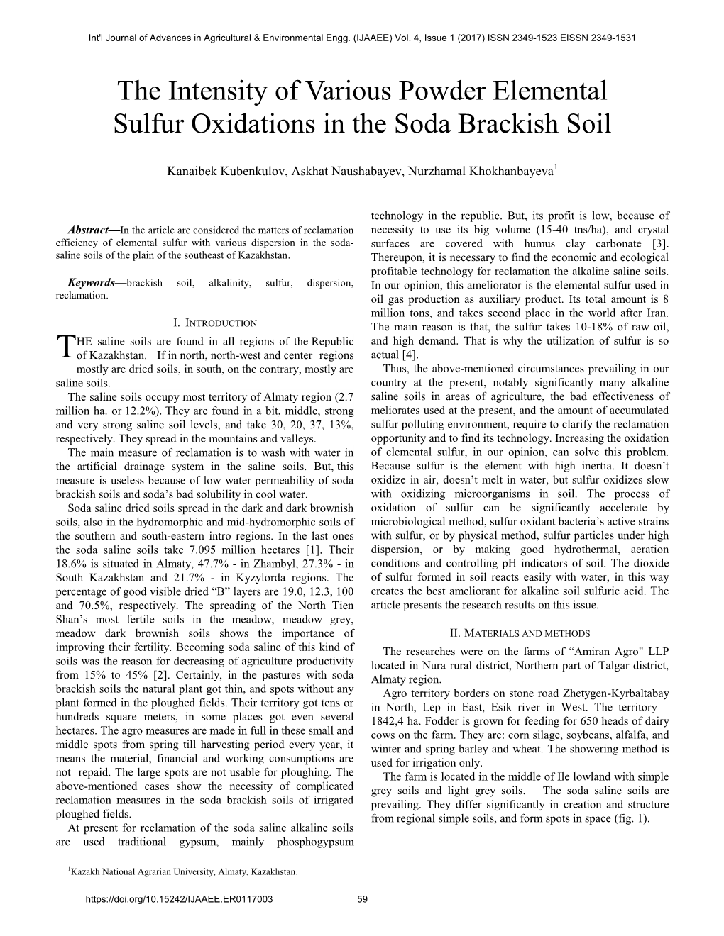 The Intensity of Various Powder Elemental Sulfur Oxidations in the Soda Brackish Soil