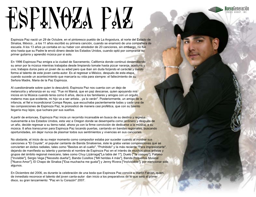 Espinoza Paz Nació Un 29 De Octubre, En El Pintoresco Pueblo De La Angostura, Al Norte Del Estado De Sinaloa, México…A Los 1