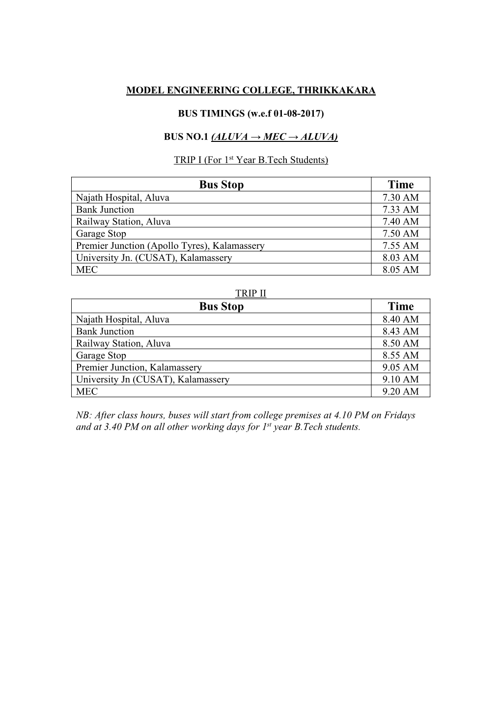 Model Engineering College, Thrikkakara Bus Timings