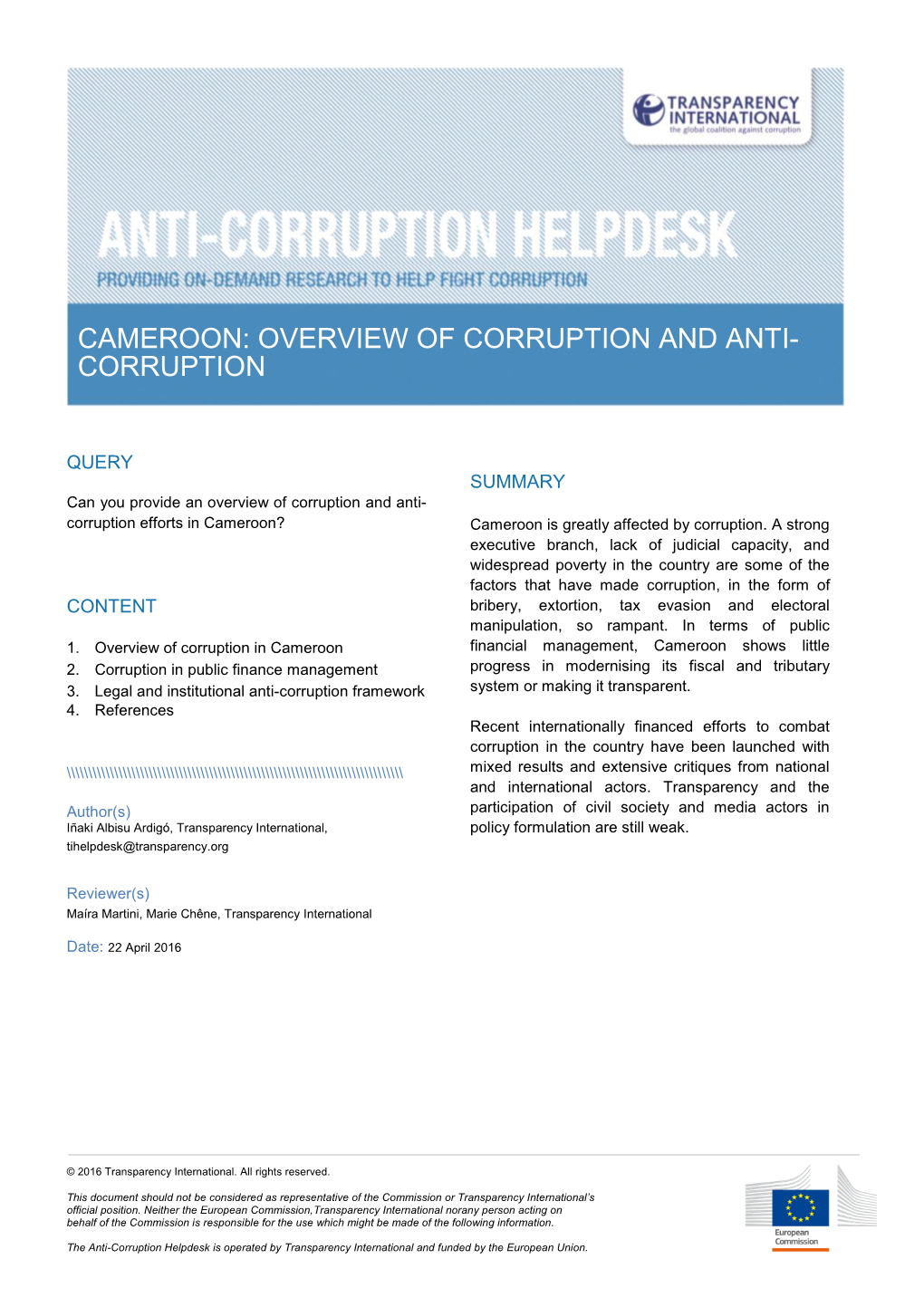 Cameroon: Overview of Corruption and Anti- Corruption