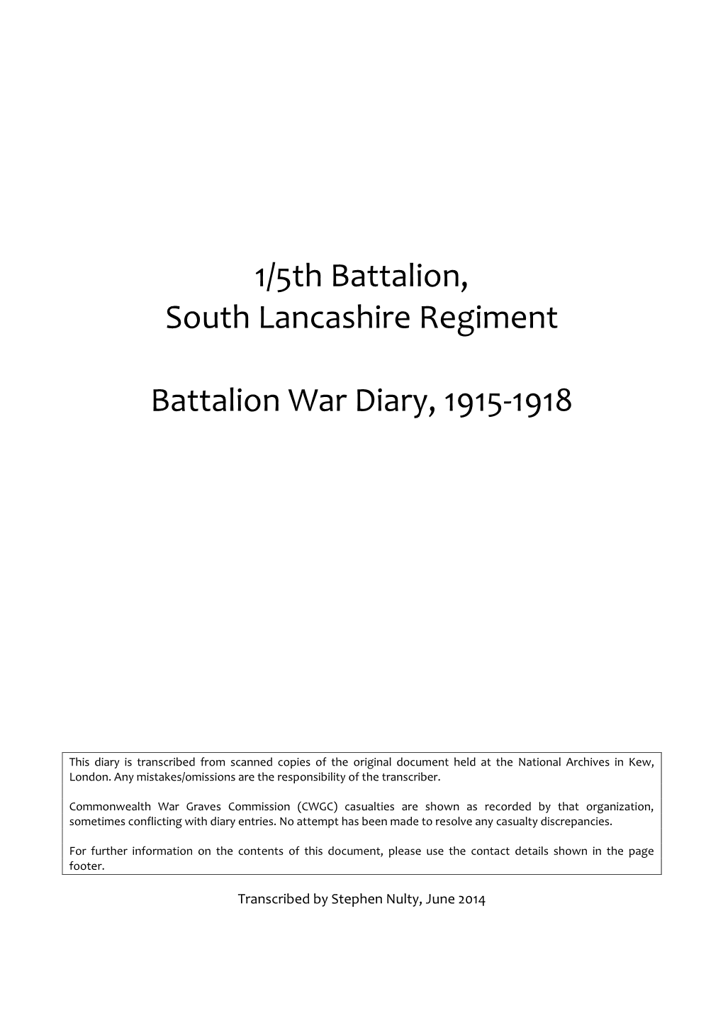1/5Th Battalion, South Lancashire Regiment Battalion War Diary, 1915