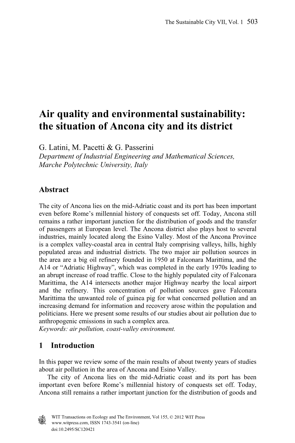 Air Quality and Environmental Sustainability: the Situation of Ancona City and Its District