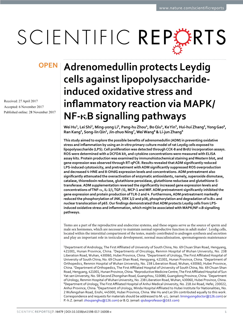 Adrenomedullin Protects Leydig Cells Against Lipopolysaccharide