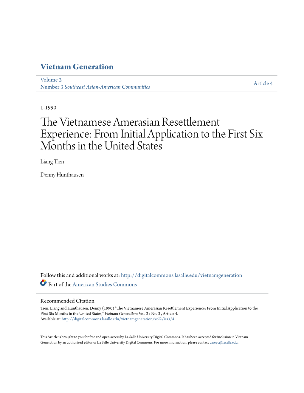 The Vietnamese Amerasian Resettlement Experience: From