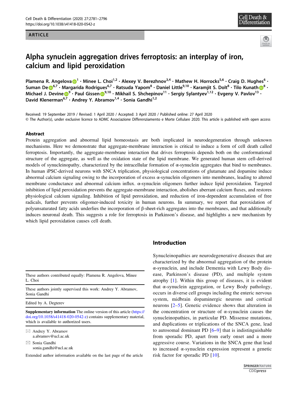 Alpha Synuclein Aggregation Drives Ferroptosis: an Interplay of Iron, Calcium and Lipid Peroxidation