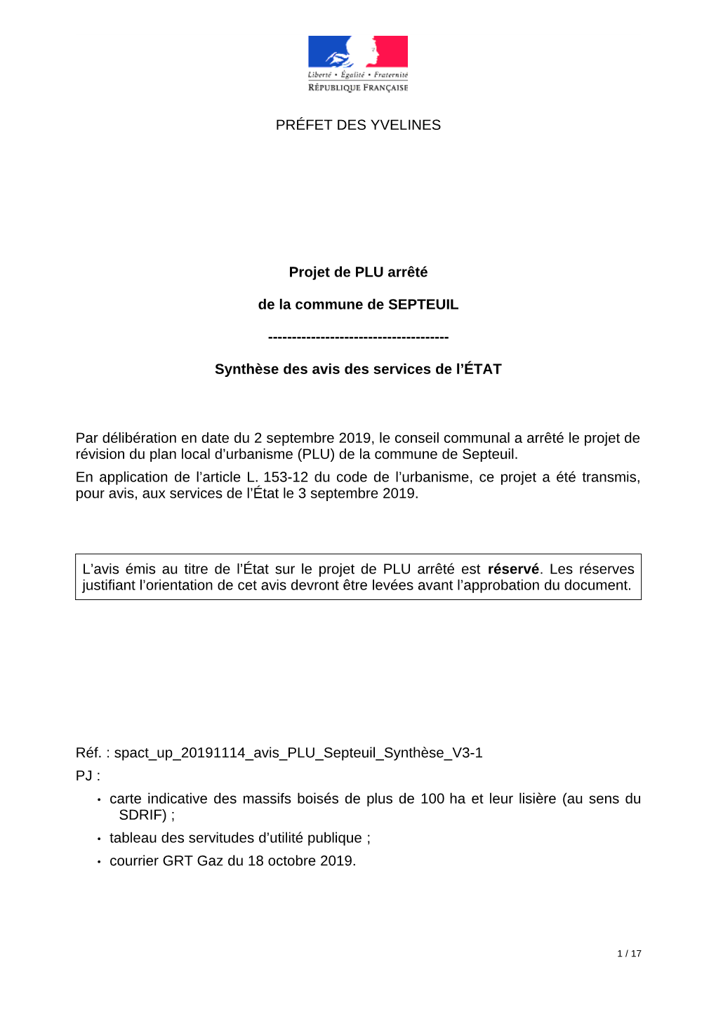 PRÉFET DES YVELINES Projet De PLU Arrêté De La Commune De