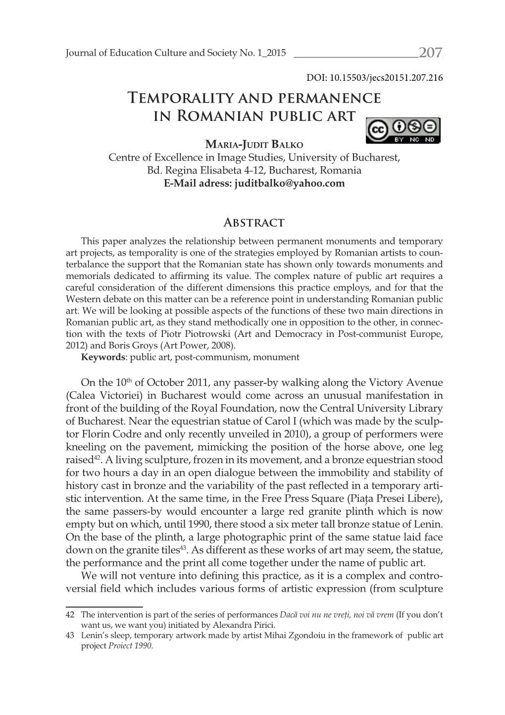 Temporality and Permanence in Romanian Public Art