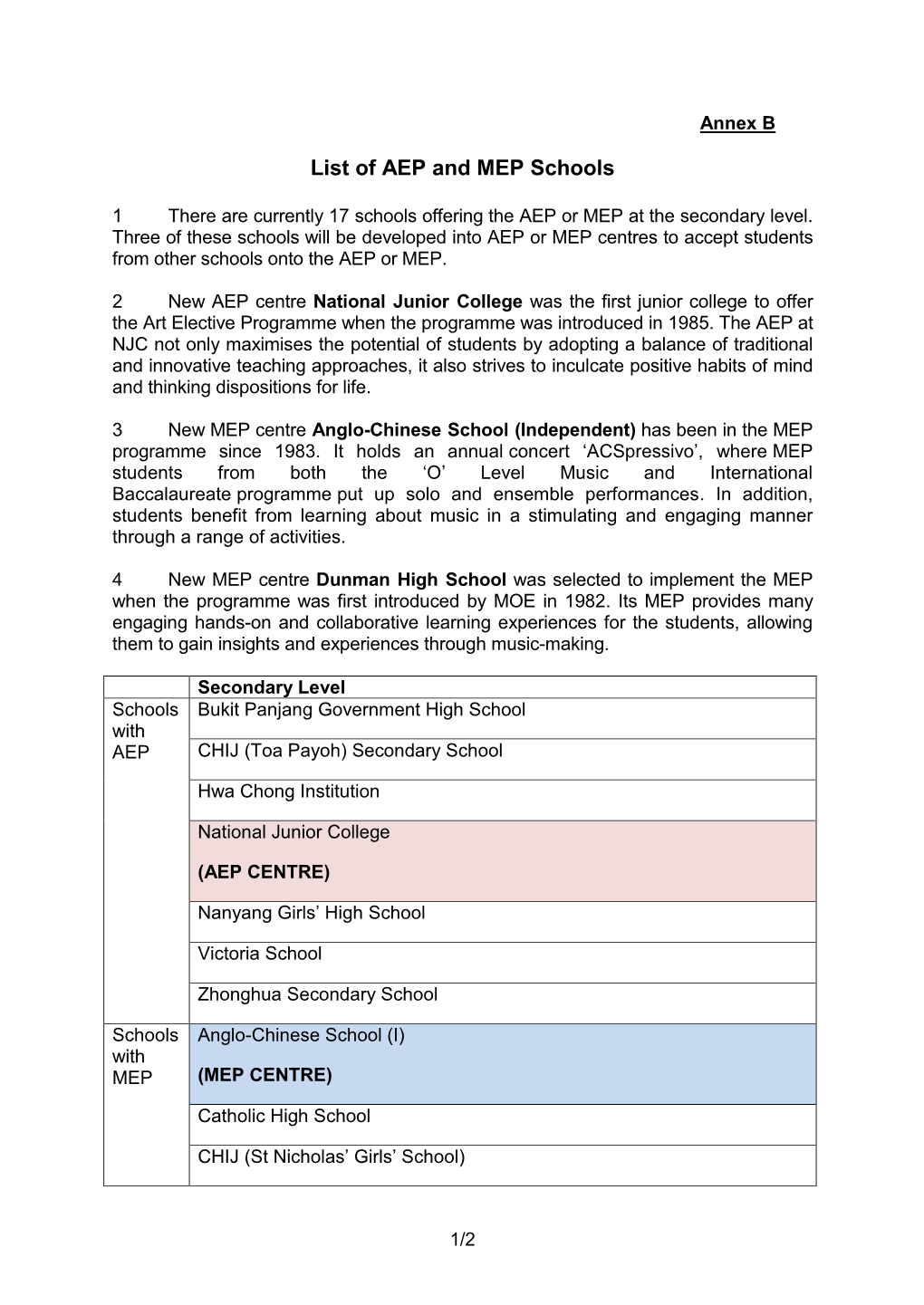 List of AEP and MEP Schools