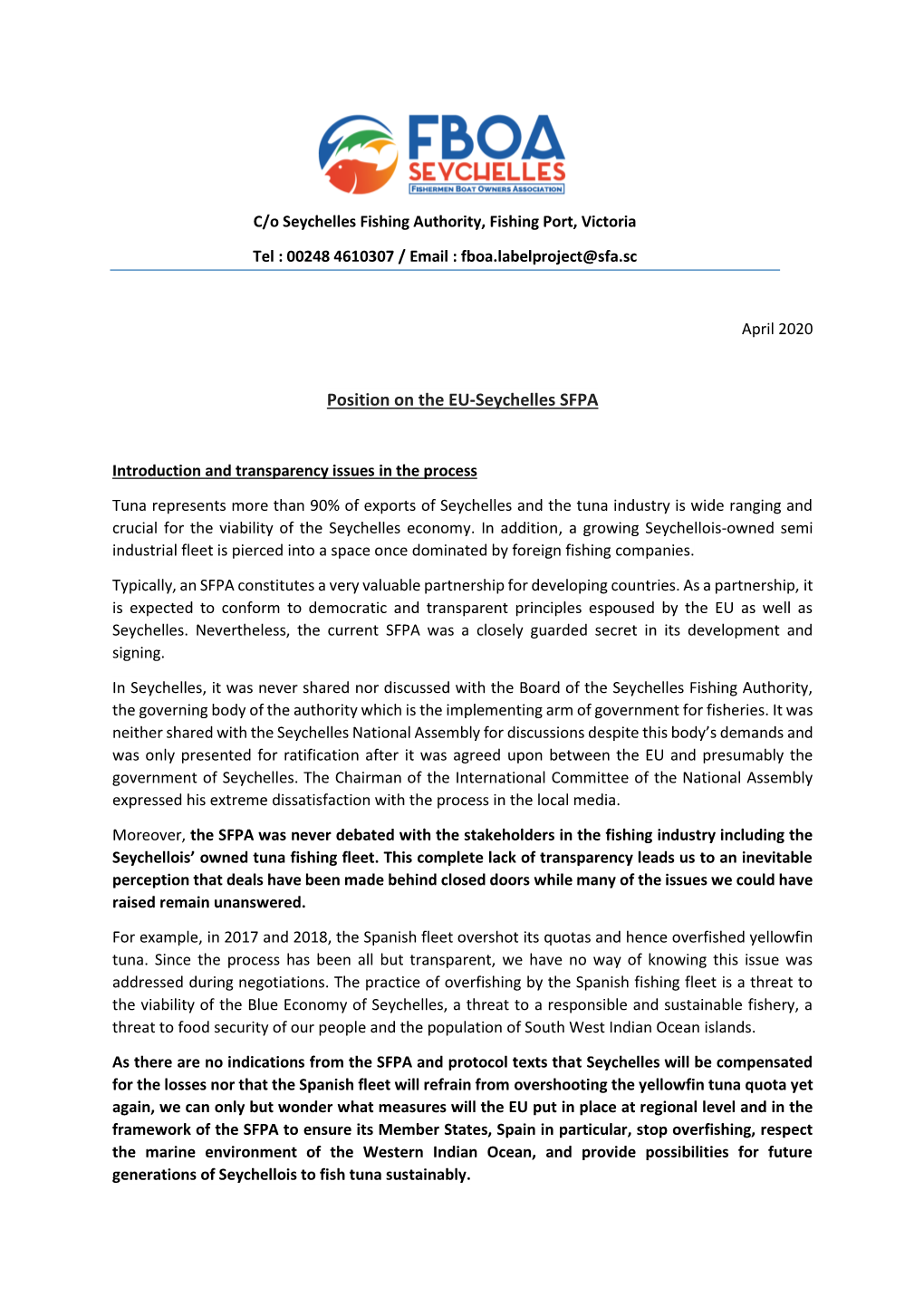 Position on the EU-Seychelles SFPA