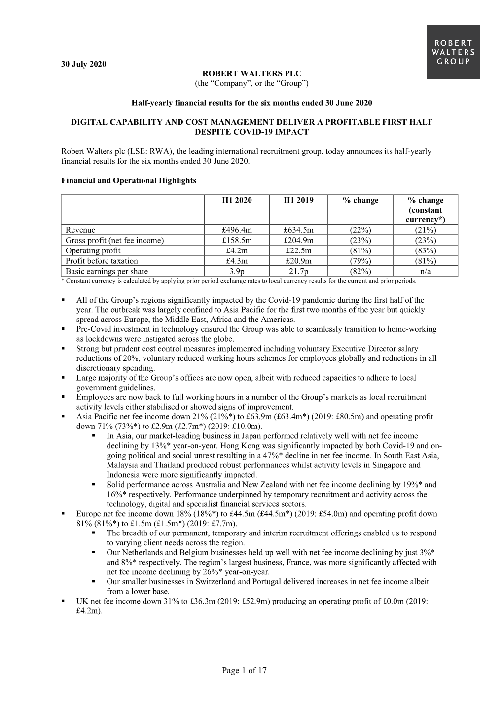 Half-Yearly Financial Results 2020 Condensed Consolidated Income Statement