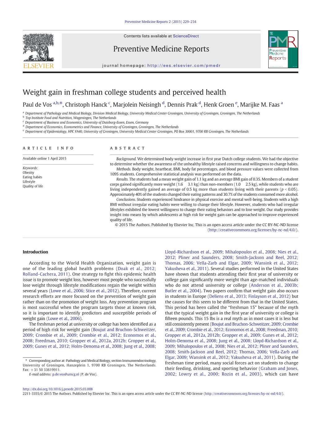 Weight Gain in Freshman College Students and Perceived Health