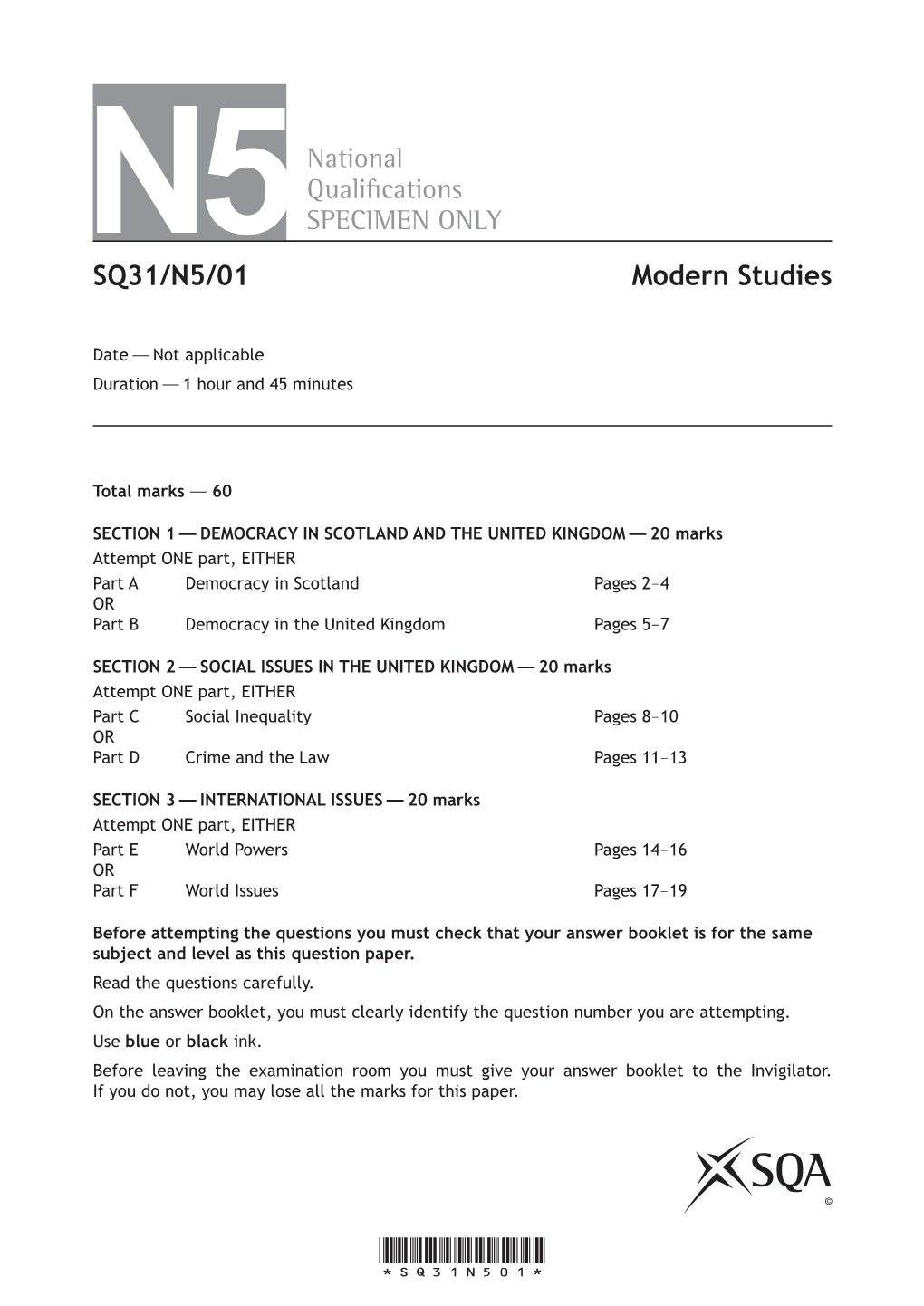 N5SQ31/N5/01 Modern Studies National Quali Cations SPECIMEN
