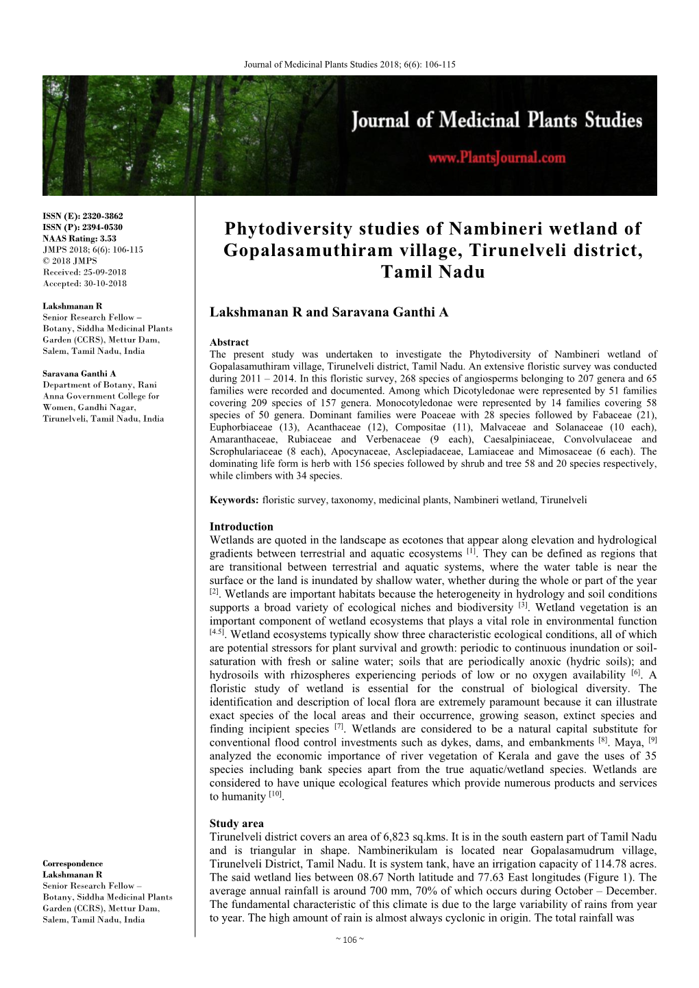 Phytodiversity Studies of Nambineri Wetland of Gopalasamuthiram