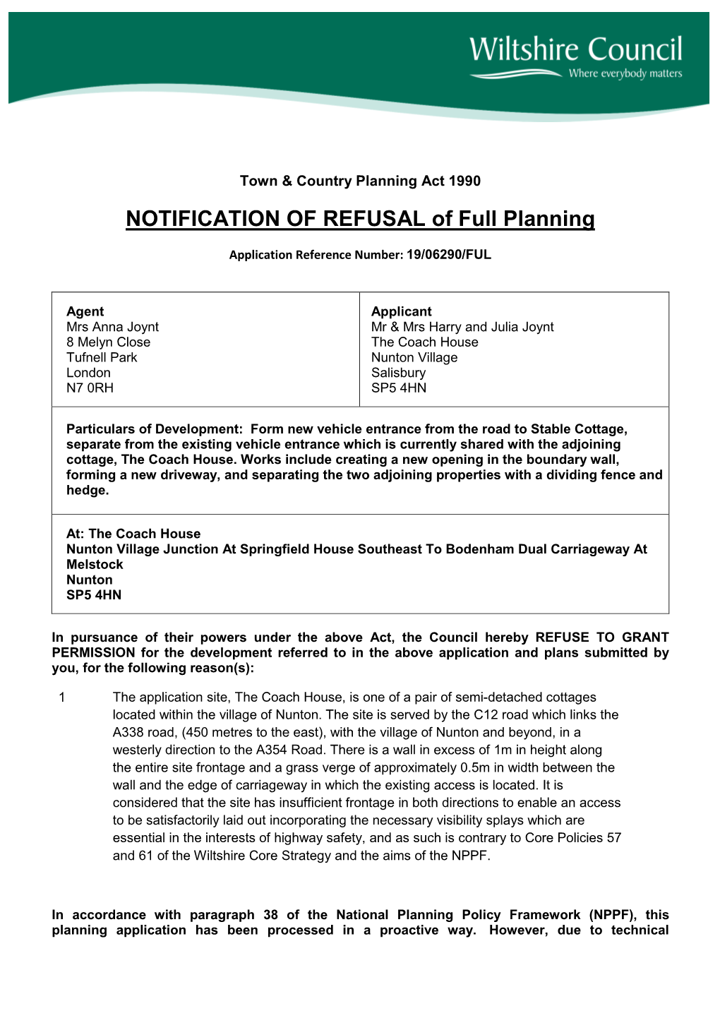 Appeal Documents Should Be Sent Direct to the Council Using the Following Email Address: Planningappeals@Wiltshire.Gov.Uk