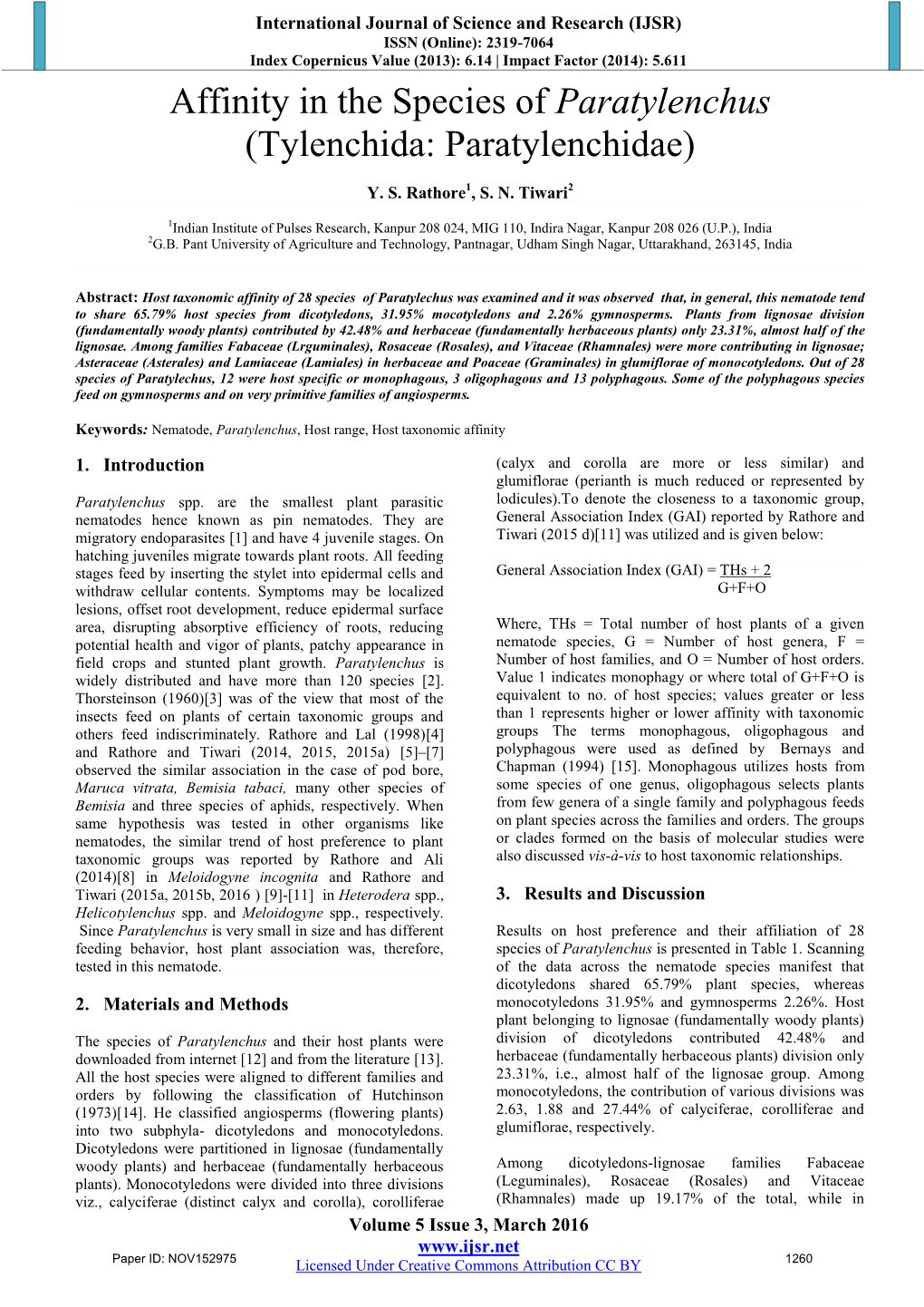 Affinity in the Species of Paratylenchus (Tylenchida: Paratylenchidae)