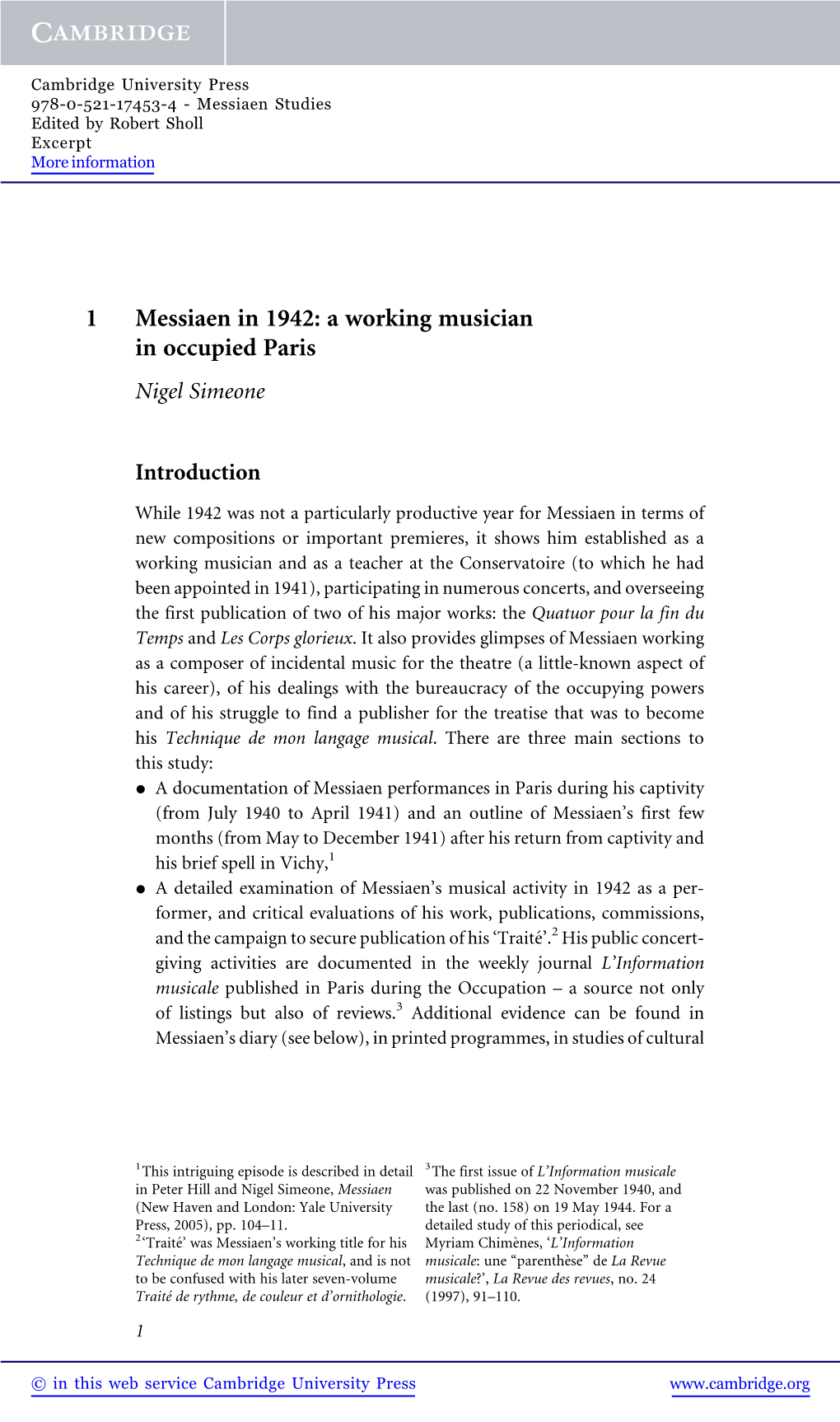 1 Messiaen in 1942: a Working Musician in Occupied Paris Nigel Simeone