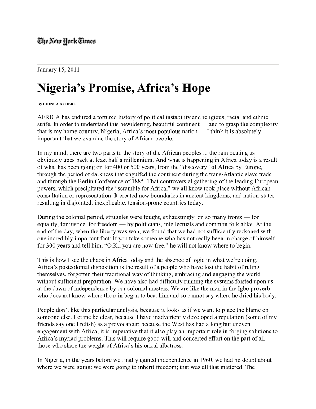 Nigeria's Promise, Africa's Hope