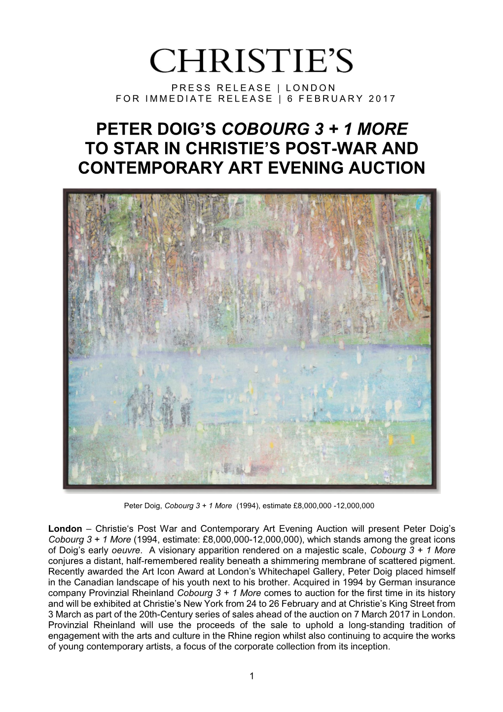 Peter Doig's Cobourg 3 + 1 More to Star in Christie's