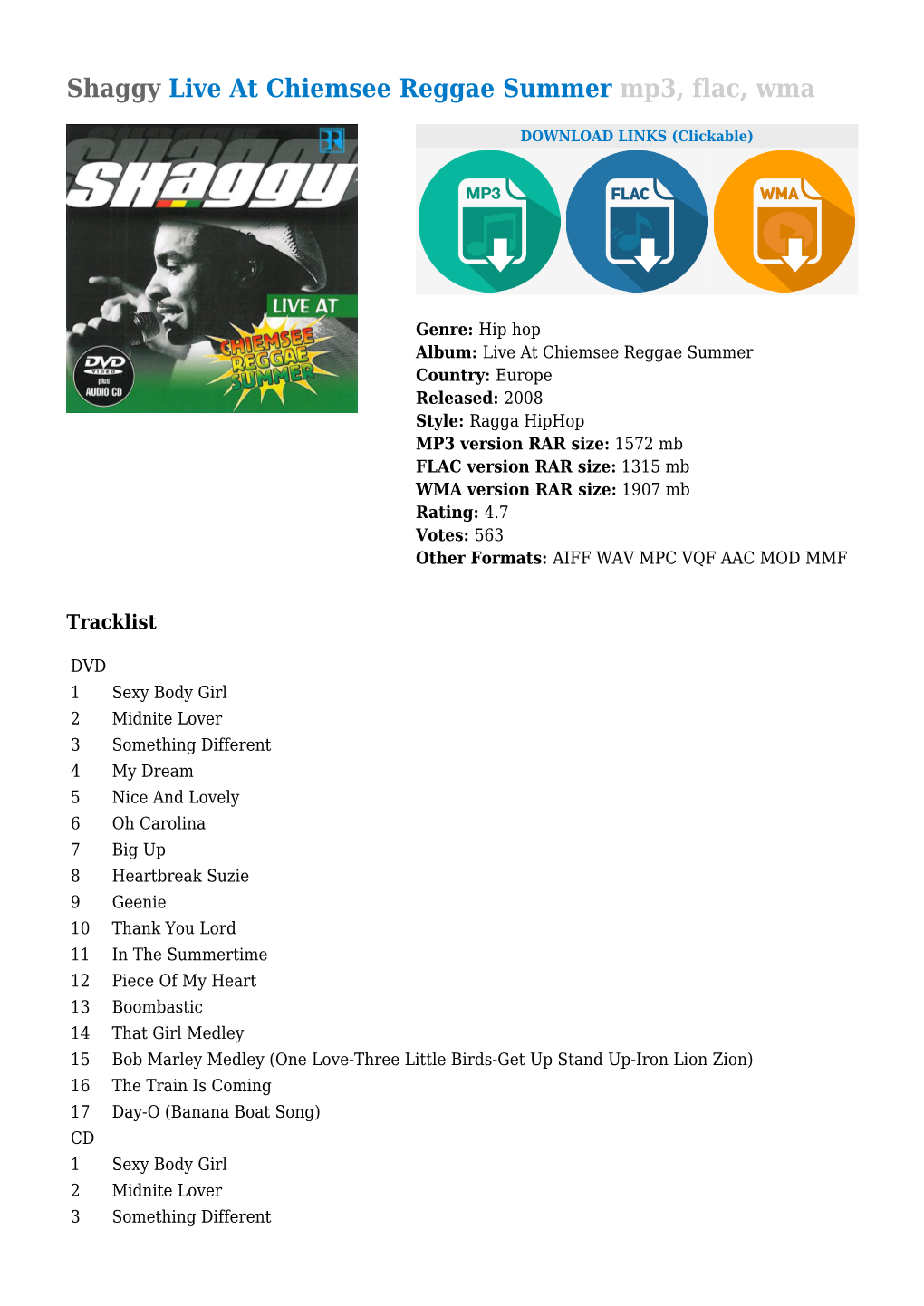 Shaggy Live at Chiemsee Reggae Summer Mp3, Flac, Wma