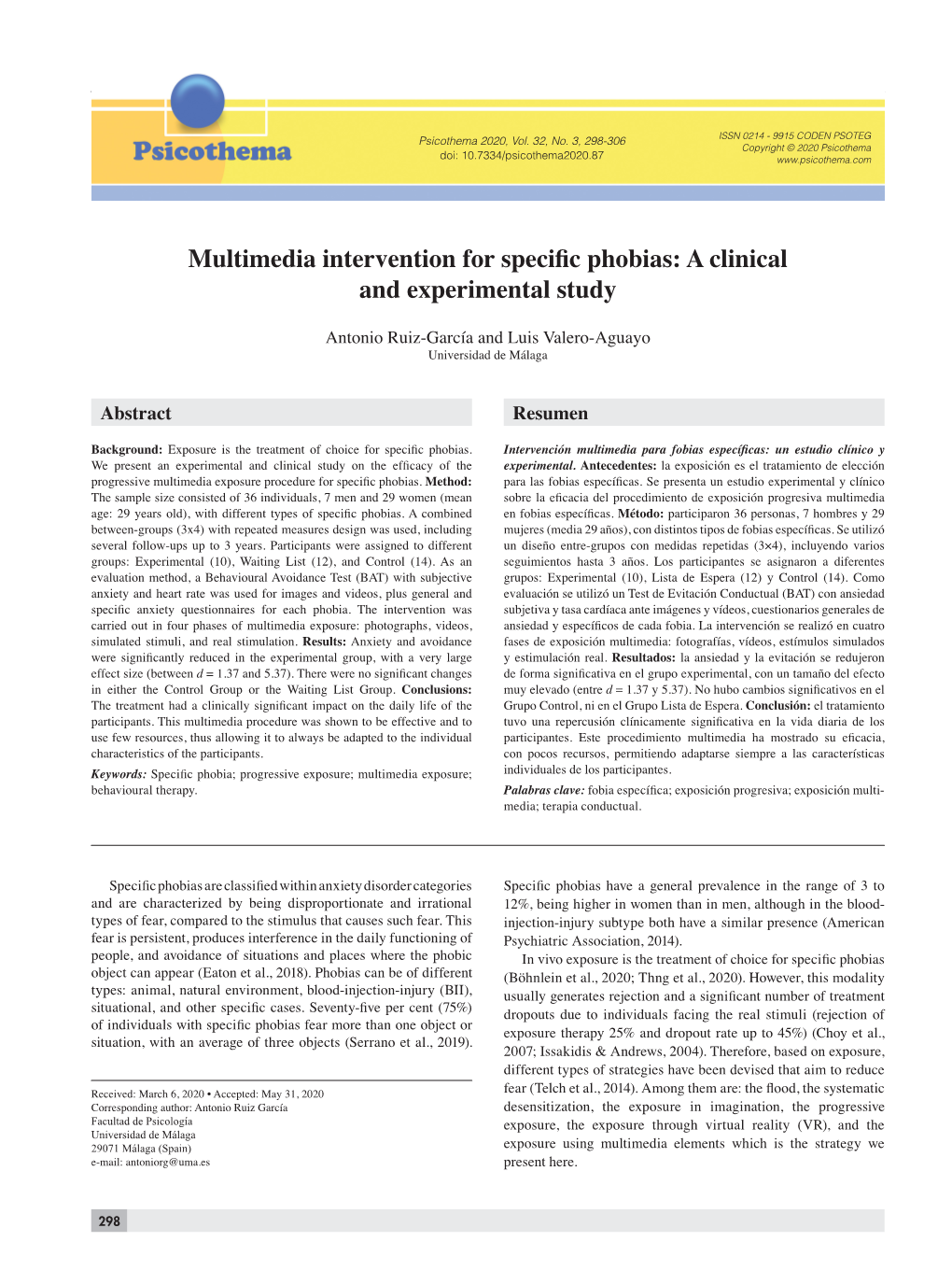 Multimedia Intervention for Specific Phobias: a Clinical and Experimental Study