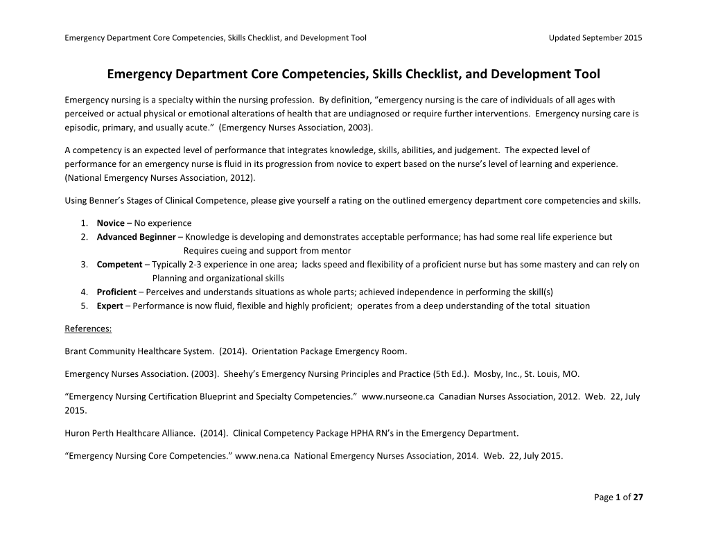 Emergency Department Core Competencies, Skills Checklist, and Development Tool Updated September 2015