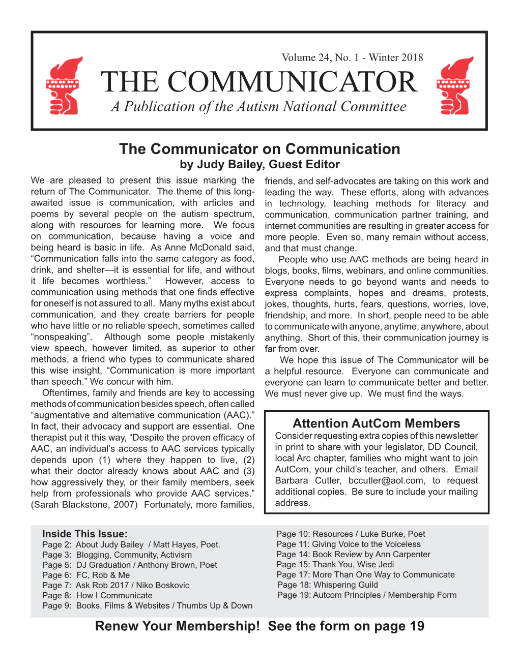 Winter 2018 the COMMUNICATOR a Publication of the Autism National Committee