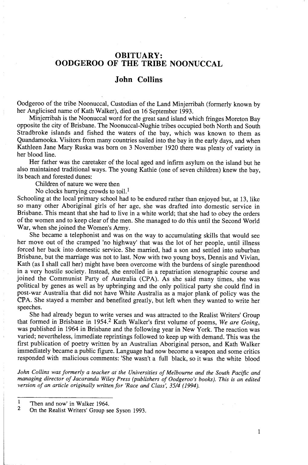OBITUARY: OODGEROO of the TRIBE NOONUCCAL John Collins