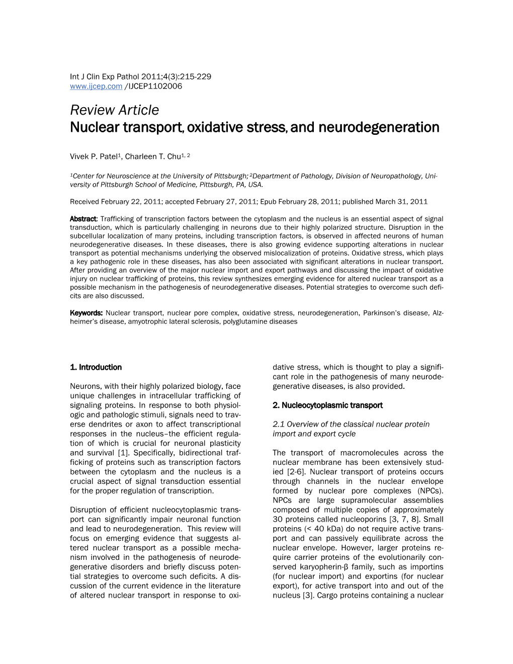 Review Article Nuclear Transport, Oxidative Stress, and Neurodegeneration