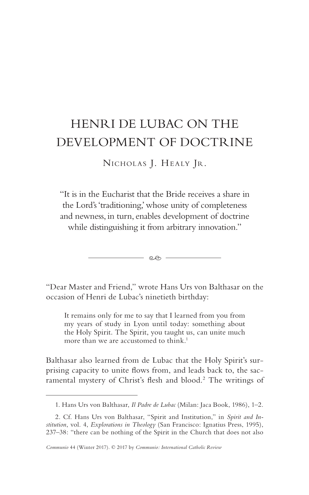 Henri De Lubac on the Development of Doctrine