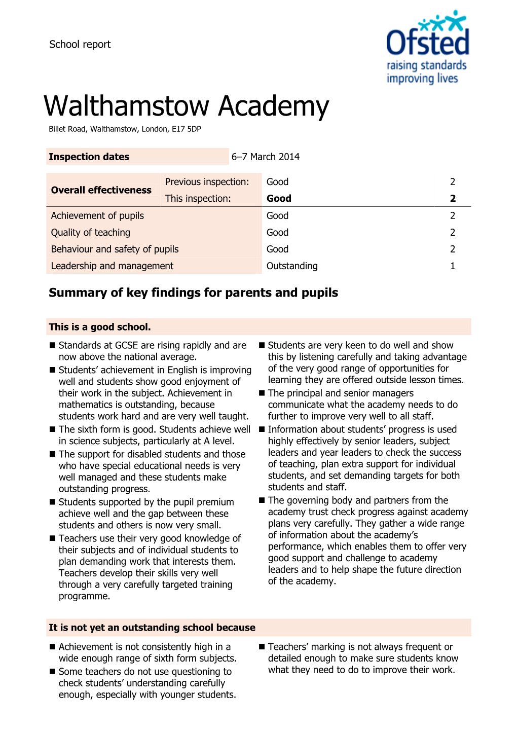 INSPECTION: (Report for Sign Off, 428949, Walthamstow Academy)