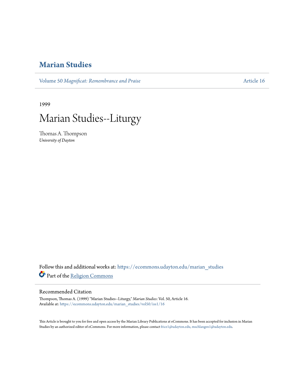 Marian Studies--Liturgy Thomas A