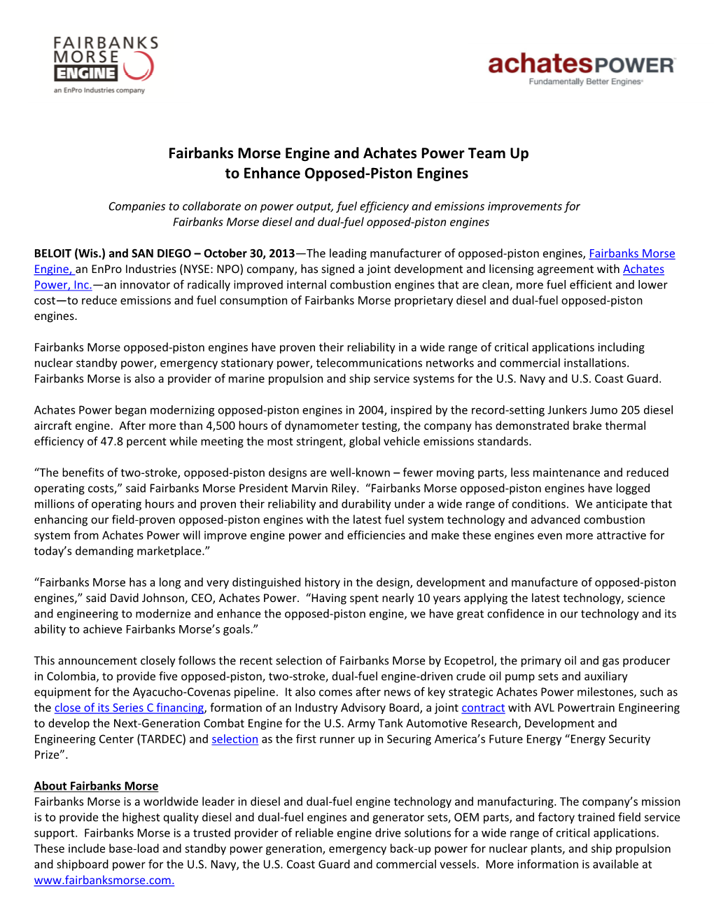 Fairbanks Morse Engine and Achates Power Team up to Enhance Opposed-Piston Engines