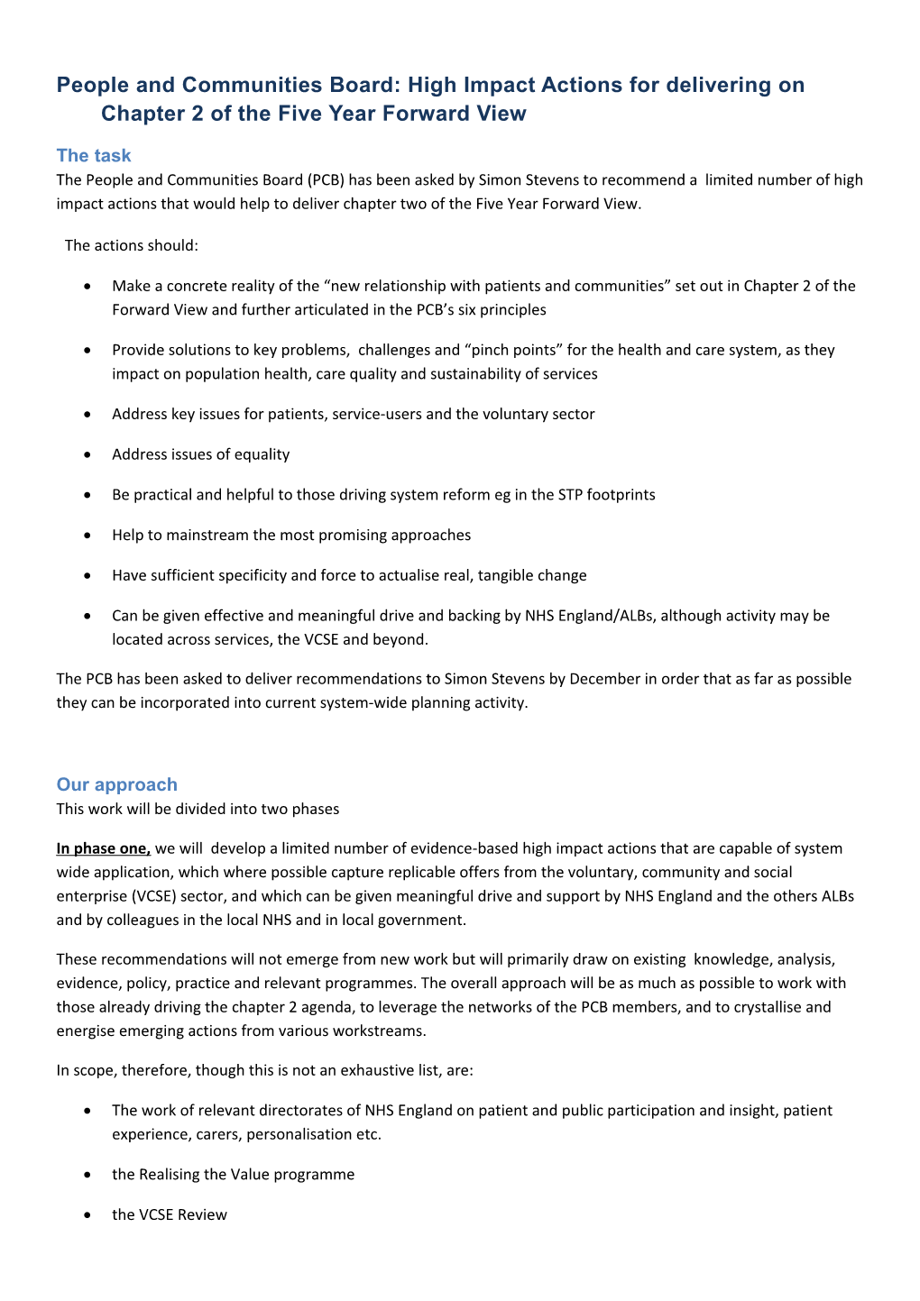 People and Communities Board: High Impact Actions for Delivering on Chapter 2 of the Five