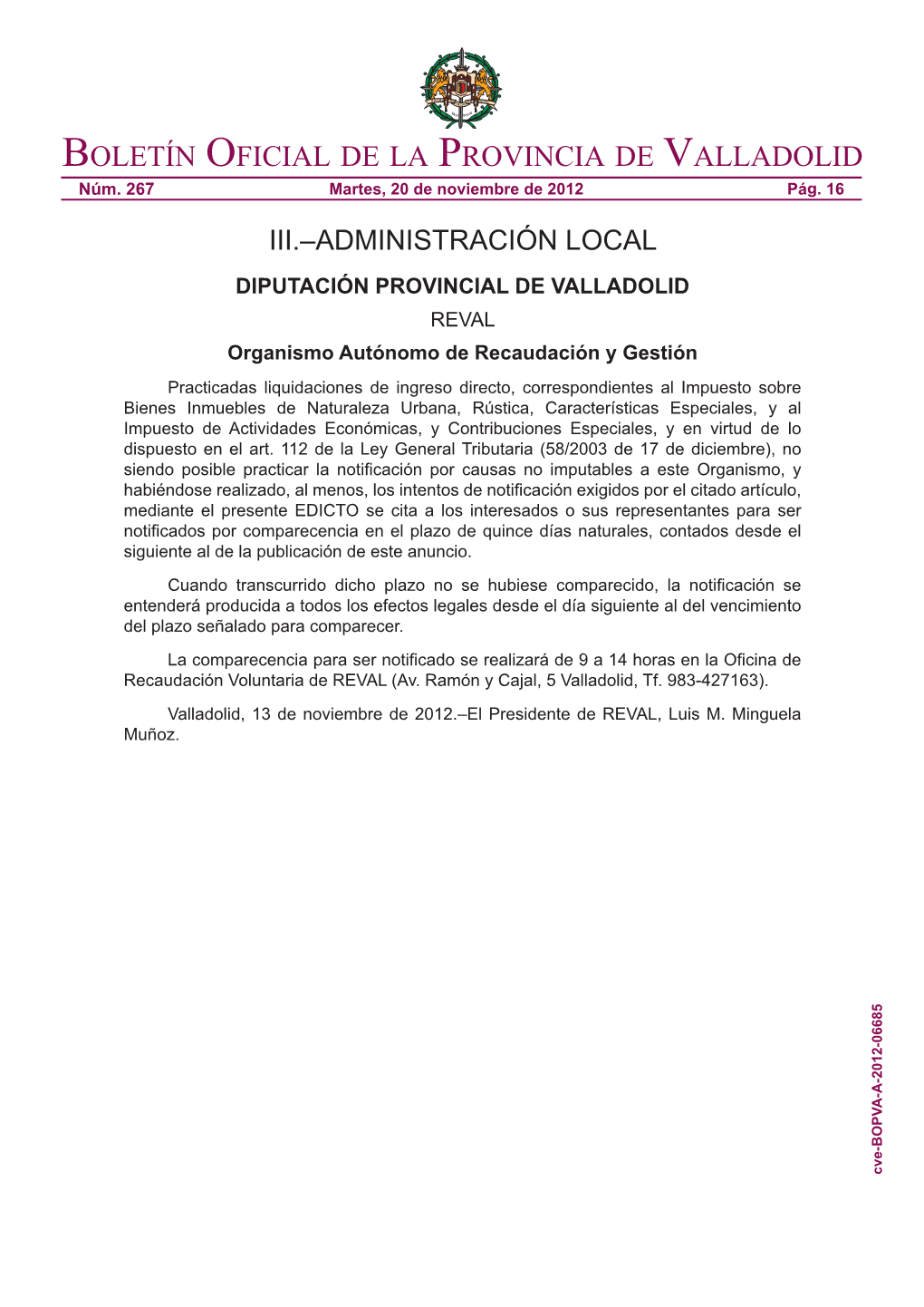 Boletín Oficial De La Provincia De Valladolid Núm