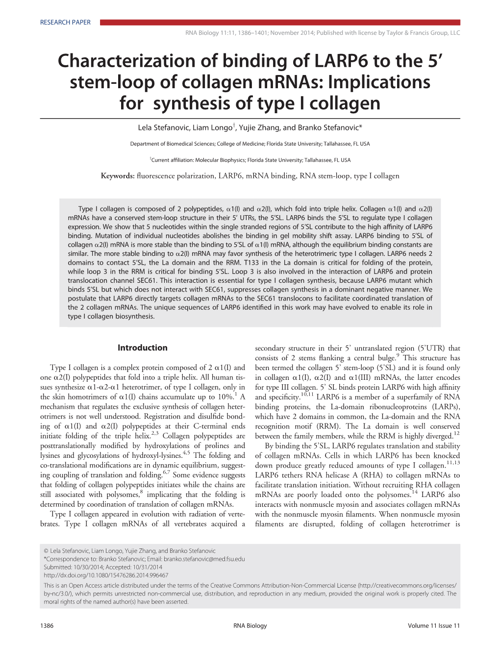 Characterization of Binding of LARP6 to the 5' Stem-Loop of Collagen Mrnas