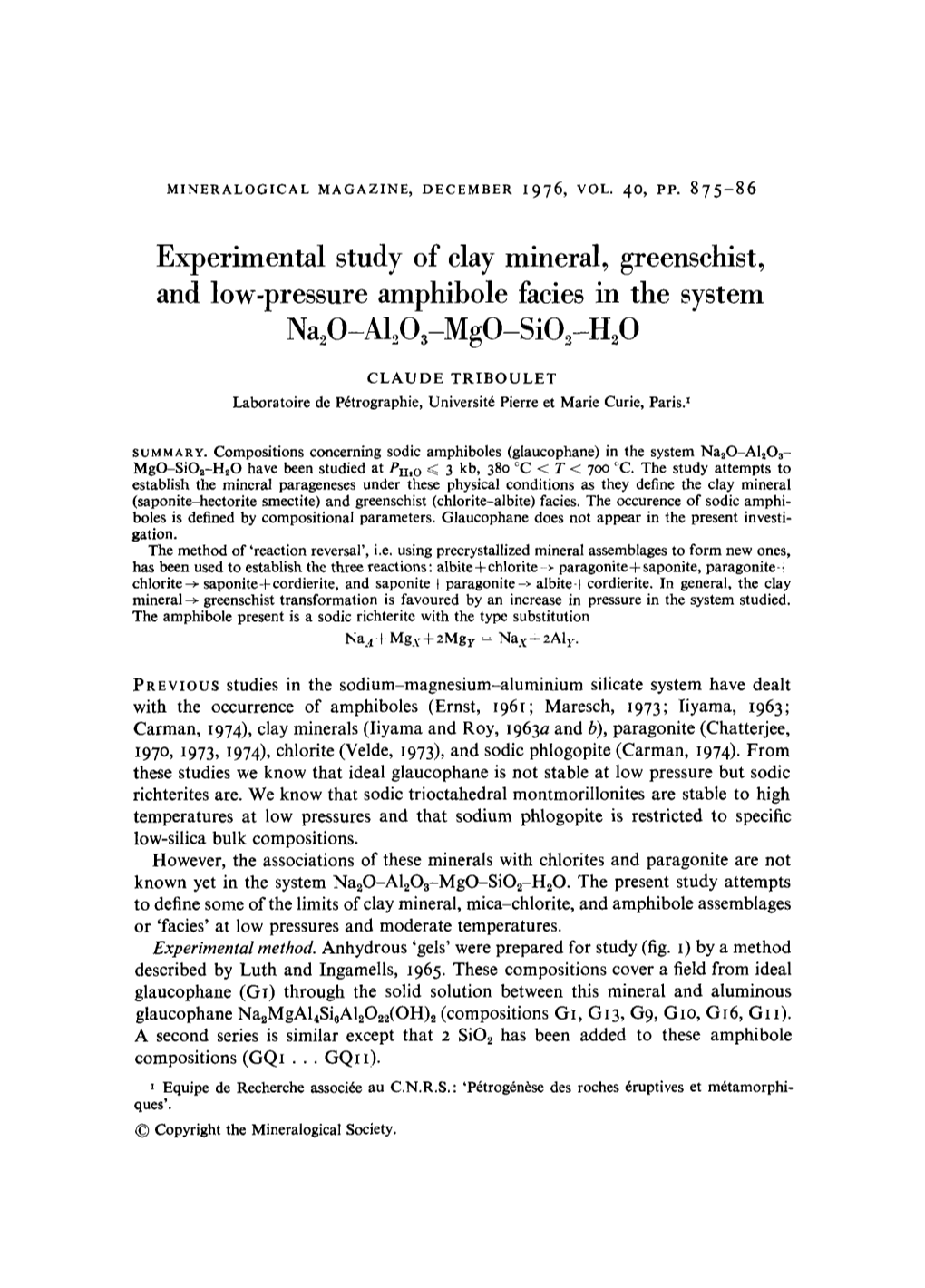 Experimental Study of Clay Mineral, Greenschist, and Low-Pressure Amphibole Facies in the System Na.,O-AI,,O3-Mgo-Sio -H O