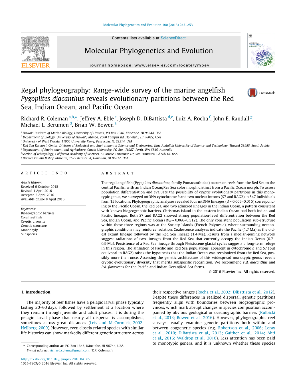 Regal Phylogeography: Range-Wide Survey of the Marine Angelfish Pygoplites Diacanthus Reveals Evolutionary Partitions Between Th