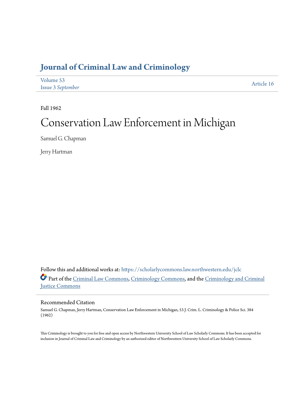 Conservation Law Enforcement in Michigan Samuel G