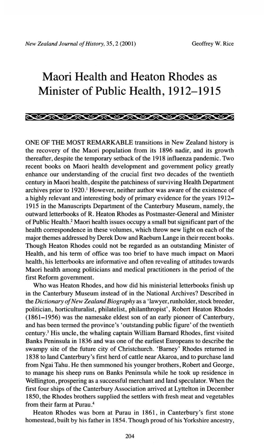 Maori Health and Heaton Rhodes As Minister of Public Health, 1912-1915