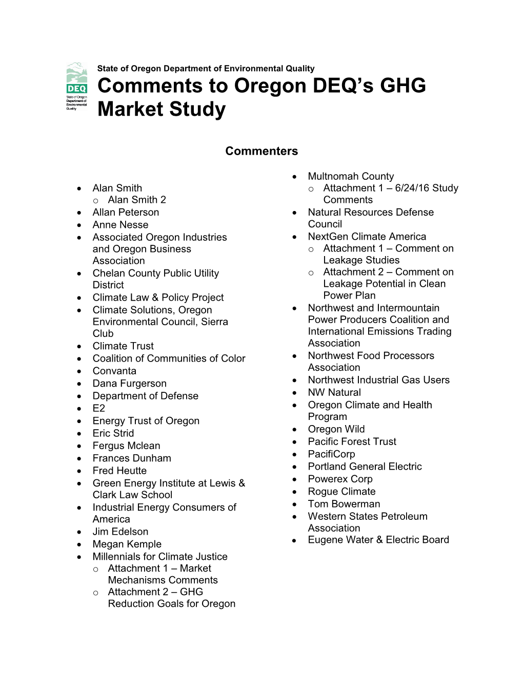Comments to Oregon DEQ's GHG Market Study