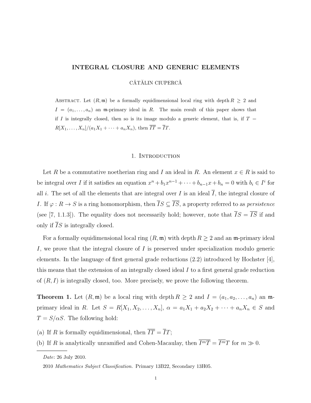 INTEGRAL CLOSURE and GENERIC ELEMENTS 1. Introduction Let R
