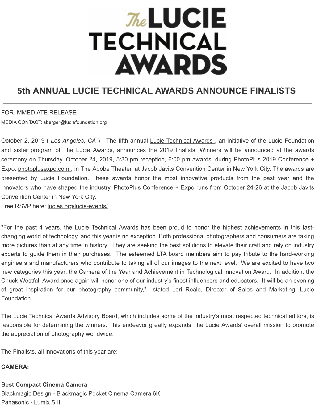 5Th ANNUAL LUCIE TECHNICAL AWARDS ANNOUNCE FINALISTS