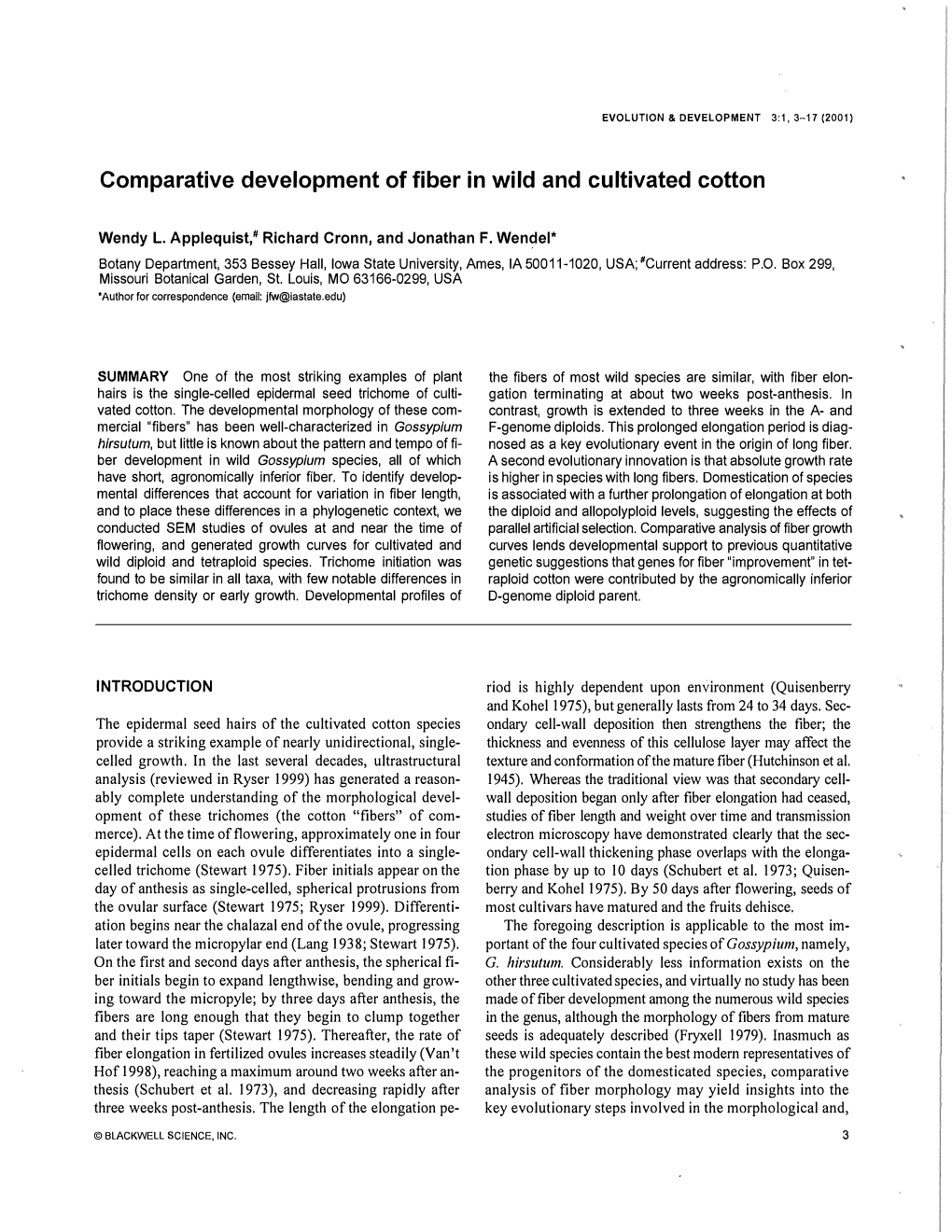 Comparative Development of Fiber in Wild and Cultivated Cotton