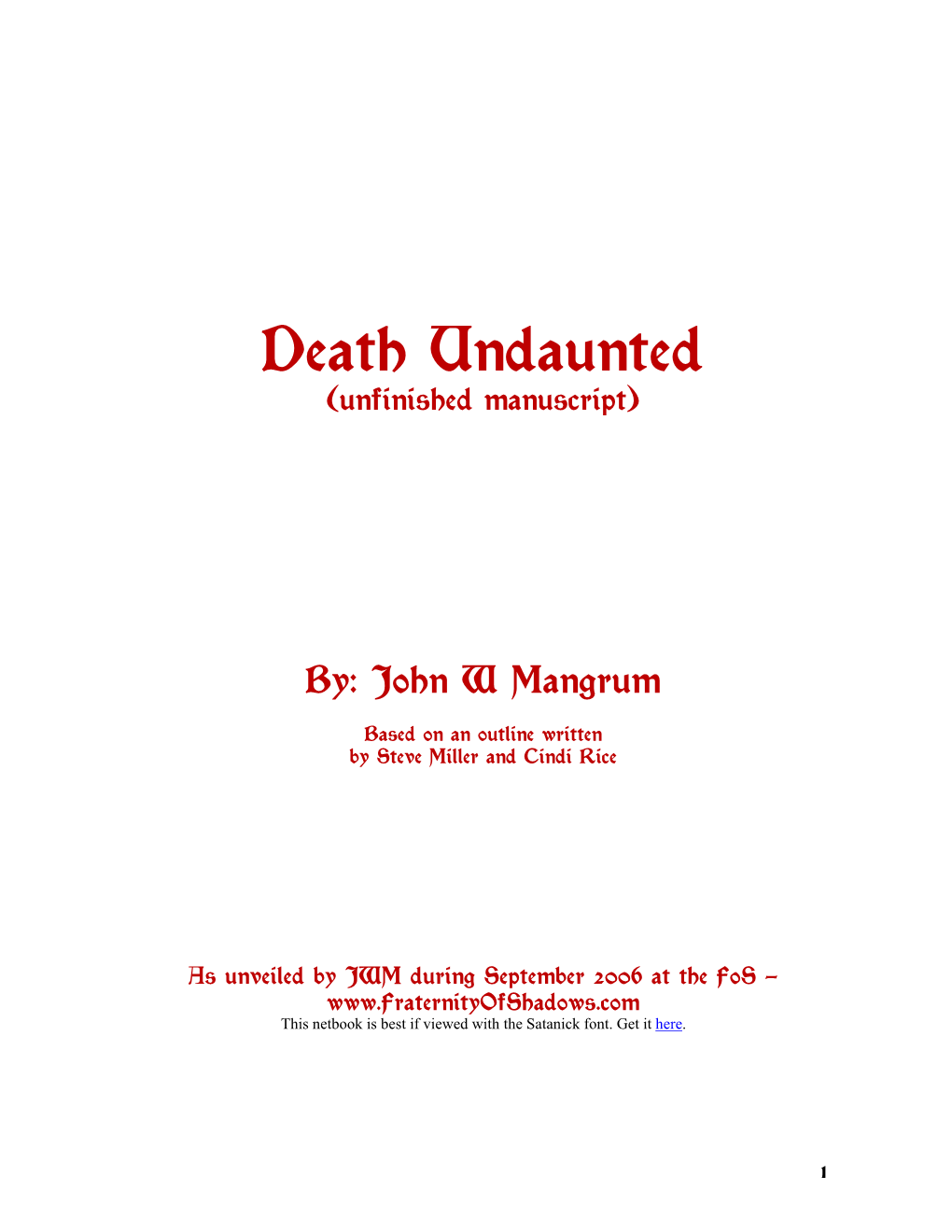 Death Undaunted (Unfinished Manuscript)